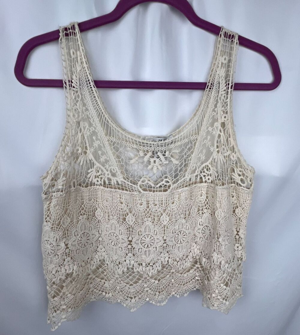 Y2k Women’s Large Ivory Crochet Lace Tank Top Lined Boho Festival Cottagecore